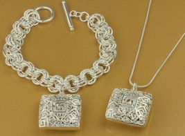 Fashion Jewelry 925 Silver Necklace Bracelet Set mazed squares - £17.63 GBP