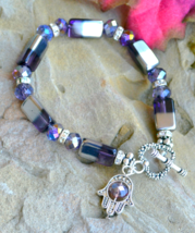 silver bracelet, Statement bracelet, Crystal bracelet, Hamsa, purple (B51) - £11.15 GBP