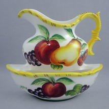 Ceramic Americana Pitcher &amp; Bowl Basin Double Wall Pocket Grapes Fruit PY Lefton - £10.14 GBP