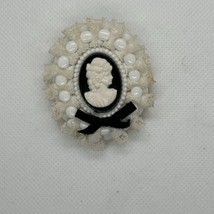 Vintage Handmade Lacy Lucite Cameo Maiden Brooch Pin Black / White Lace - £11.04 GBP