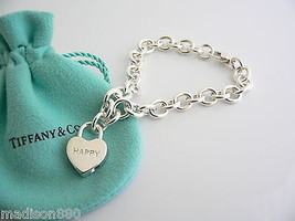 Tiffany &amp; Co Silver HAPPY Heart Padlock Bracelet Bangle Charm Gift Pouch Love - £397.16 GBP