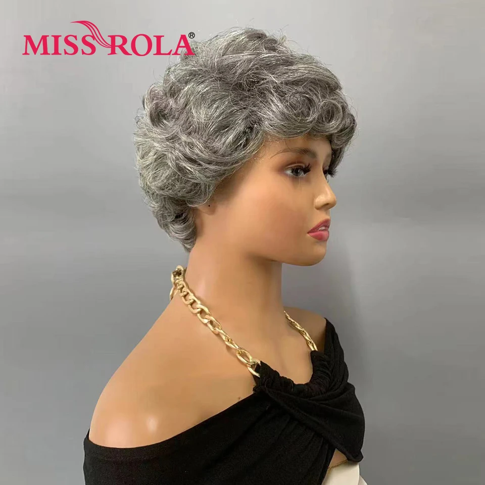 Miss Rola Wavy Pixie Cut Wigs 100% Human Hair Whole Machine Made Gray And Bla - £27.37 GBP+