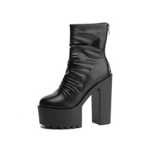Autumn and Winter Boots Chunky-Heel Platform Heels Short Boots Black White Color - £59.84 GBP