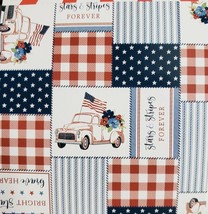 Peva Tablecloth,52x90&quot;Oblong,PATRIOTIC Patchwork,Truck,Stars &amp;Stripes Forever,Bl - £11.86 GBP