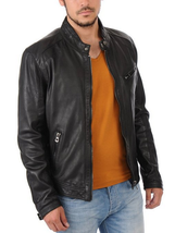New Men&#39;s Genuine Lambskin Leather Jacket Black Slim Fit Motorcycle Jacket MJ024 - £80.07 GBP+