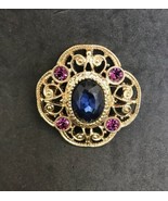 Victorian Revival Brooch Gold Tone Blue Oval Faceted Glass Center, Purpl... - £19.74 GBP