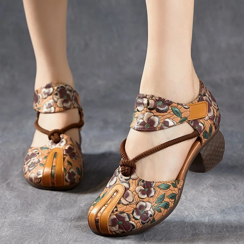 Ethnic Style Women Thick Heel Shoes Summer Retro Genuine Leather Round Toe Hook  - £59.70 GBP