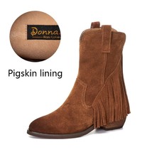 Donna-in Natural Suede Mid-calf Boots Women Fringe Pointed Toe Western Cowboy Bo - £123.97 GBP
