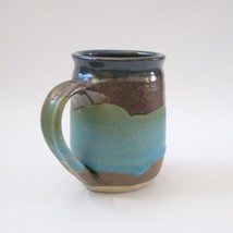 Hand Thrown Stoneware Pottery Mug Blue Green Brown Signed Coffee Cup - £15.84 GBP