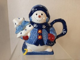 Winter Holiday Blue White Snowman Christmas Tree Sled Teapot - £7.87 GBP