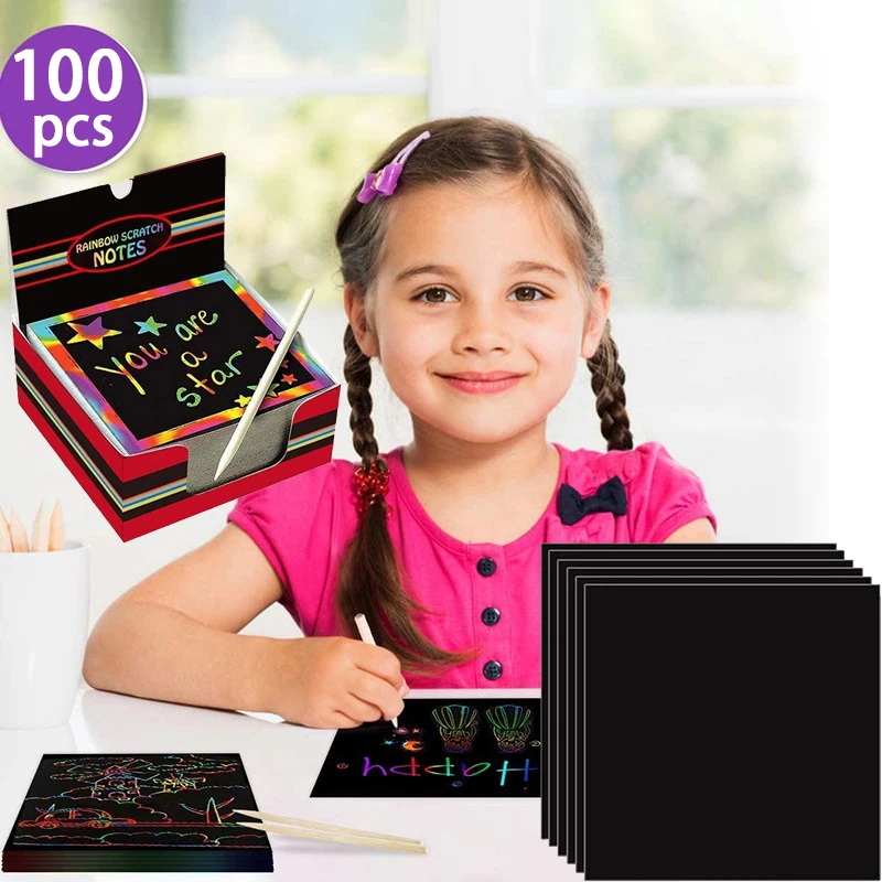 100Pcs Magic Rainbow Color Scratch Mini Notes Paper Pad Cards With Stylus - £11.57 GBP+