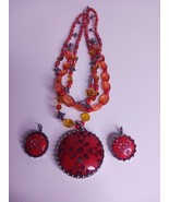 Vintage Beaded Western Style Red Gold Orange beaded Necklace 21&quot; W/ Earr... - $174.82 MXN