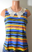 Multi Color Stripe Top With Crochet Collar - £5.58 GBP