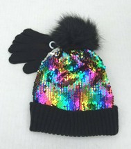 Kids Ages 2-6 Fur Pom Black Knit w/Colorful Sequin Beanie Hat Gloves Set #Z - £9.56 GBP