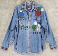 Sun Belt Denim Shirt Unisex Large Blue Painted Noahs Ark 90s Vintage Button Up - £19.46 GBP