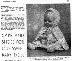 Vintage knitting pattern for Cape &amp; shoes for 6 1/2 in doll from Womans Weekly.  - $1.40