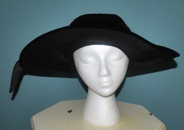 1960&#39;s Gene Doris Black Velvet and Silk Moire Cartwheel Hat with Bow Siz... - £39.10 GBP