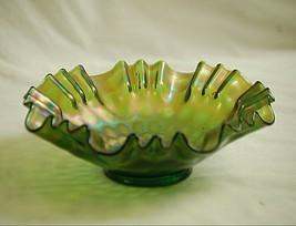 Antique Fenton Green to Amethyst Carnival Glass Coin Dot Bowl 3 -1 Crimped Edge - £39.10 GBP