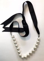 Large Faux Pearl &amp; Black Ribbon Necklace Approx 52&quot; Total Length - £10.37 GBP