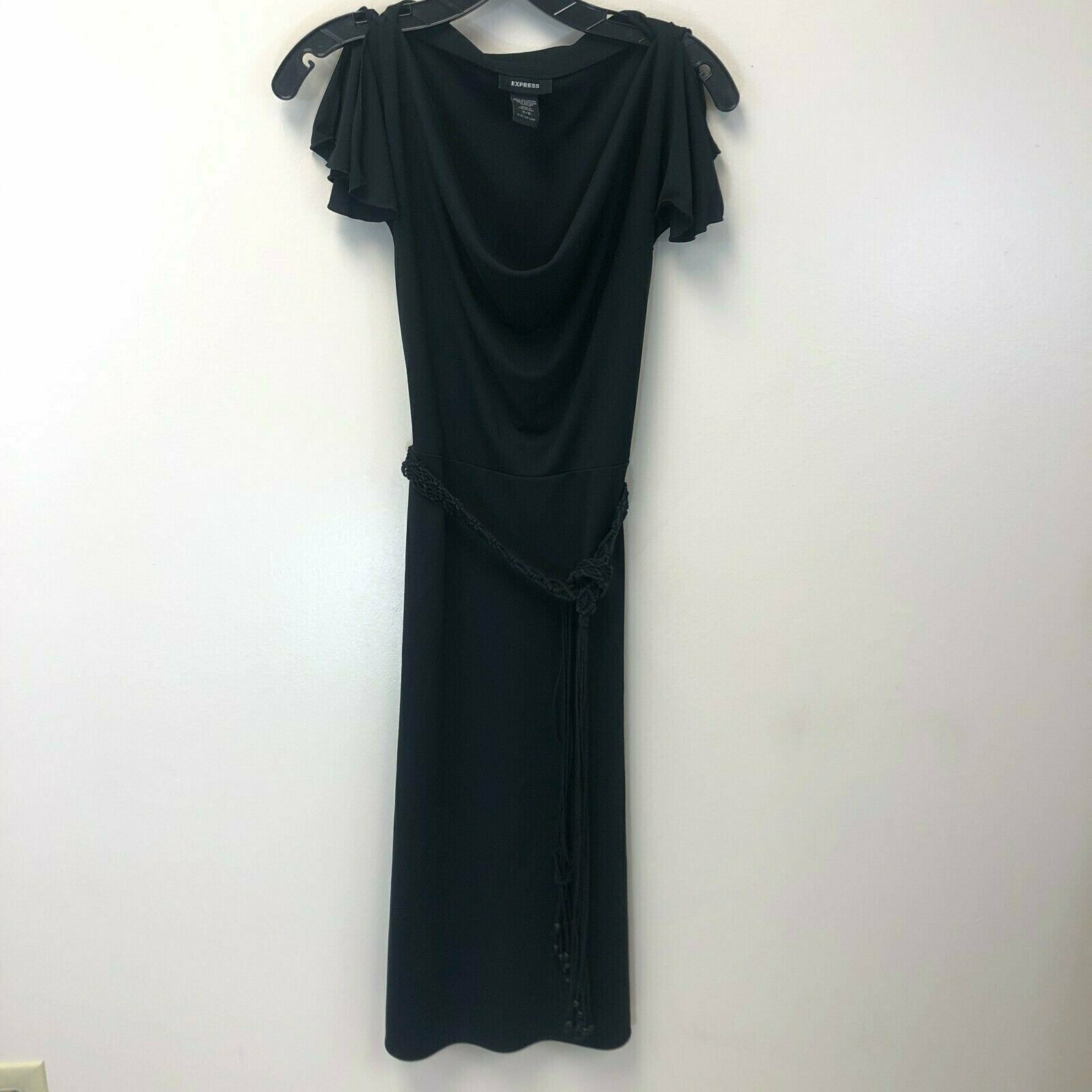 Express Women&#39;s Size 5/6 Drape Neck Black Dress with Braided Belt, EUC - $11.25