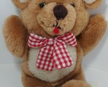 Vintage plush teddy bear brown cream tummy ears red white gingham checke... - $19.79