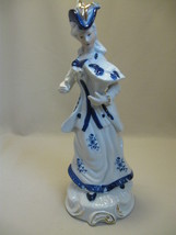 Victorian Lady Figurine Statue Blue On White Gold Trim Holding Basket Of Fruit - £15.68 GBP