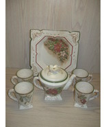 Market Coffee Tea Pot Cookie Plate Tray 4 Coffee Cups Upraise Flower Des... - $32.95