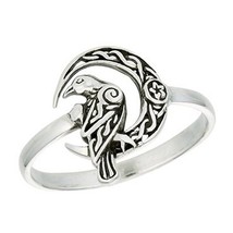 Norse Raven Ring 925 Sterling Silver Celtic Crescent Moon Viking Crow Band - £19.97 GBP