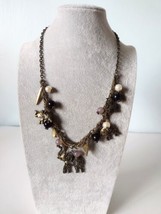 Bronze Tone Estate Elephant Charm 11in Necklace Faux Pearl Beads Tribal Trunk Up - $10.88