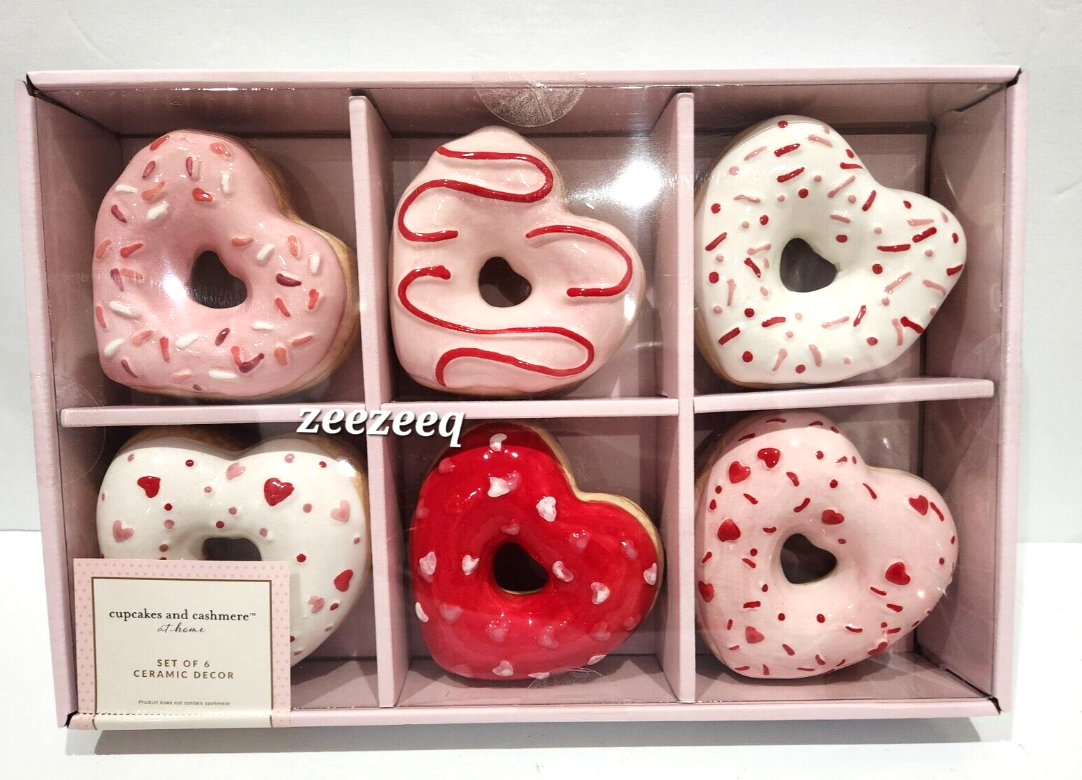 Cupcakes And Cashmere Red Pink Valentines Heart Donuts Ceramic Set of 6