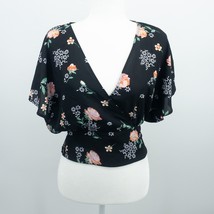 Living Doll Top Kimono Sleeves Black Flowers Elastic Wait Deep V Neck S - £9.13 GBP
