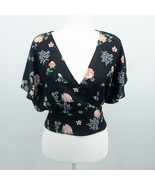 Living Doll Top Kimono Sleeves Black Flowers Elastic Wait Deep V Neck S - £9.25 GBP