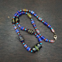 #97 Blue Chevron and White Heart Venetian Beads African Glass Beads Necklace - £38.05 GBP