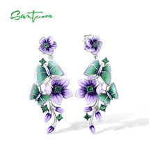 Pure 925 Sterling Silver Stud Earrings For Women Purple Flower & Butterfly Green - £55.79 GBP