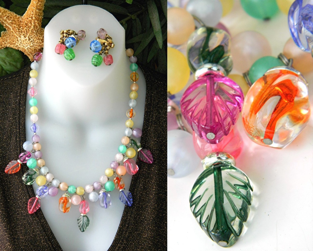 Vintage Pastel Art Glass Bead Necklace Leaves & Napier Signed Earrings - $27.95