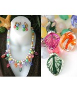 Vintage Pastel Art Glass Bead Necklace Leaves &amp; Napier Signed Earrings - £21.90 GBP