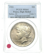 1921 $1 Silver Peace Dollar High Relief Graded by PCGS as MS64 Uncirculated - $36,382.82 MXN