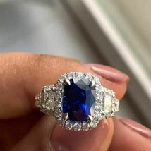 2Ct Emerald Cut CZ Blue Sapphire Halo Engagement Ring 14K White Gold Finish - £123.84 GBP