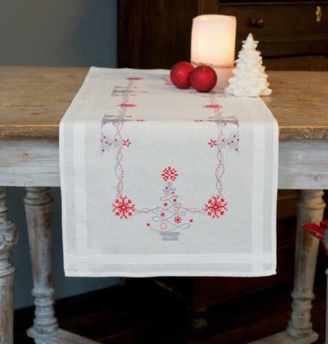 DIY Vervaco Christmas Trees Silver Red Stamped Cross Stitch Table Runner Kit - $29.95