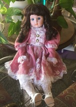 Heritage Mint Ltd Collection Victorian Porcelain Dark Hair Girl Doll 15&quot; - £13.71 GBP