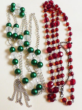 Lot of 2 Silver tone green pearl faux clear red beads long link necklaces - £16.34 GBP