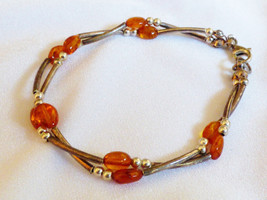 Genuine Honey color Amber Stone beads Sterling Silver 925 7.75&quot;L link  B... - $74.25