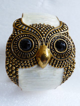 Fashion Gold Tone Metal &amp; enamel owl large wide hinged bangle bracelet - $20.79