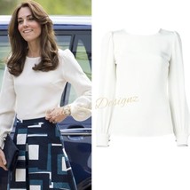 Kate Middleton Inspired White Round Neck Puffy Shoulder Crepe Blouse Top... - $49.99