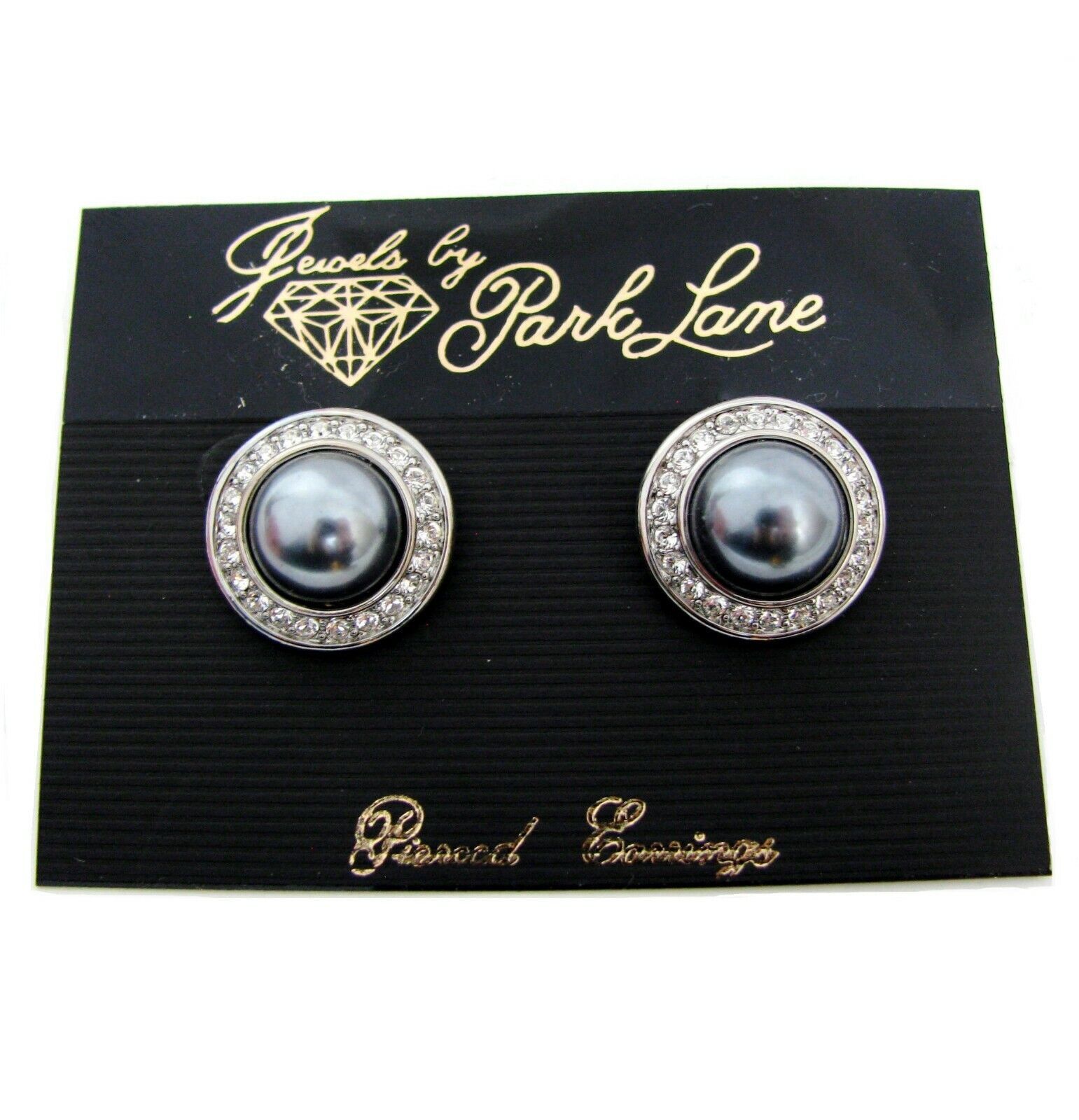 Park Lane Pierced Stud Earrings Round Faux Silver Pearl Clear Rhinestone vtg - $21.78