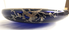 Rockwell Cobalt Bowl w Iridescent Interior &amp; Silver Overlay of Bird In Branches - £76.76 GBP