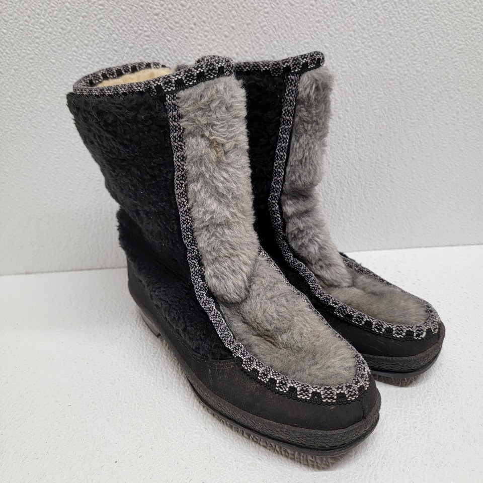 Vintage SNOWLAND Women’s Faux Fur Lined Zip  Up Snow Boots Black Gray Si... - $24.65