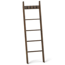 5-Tier Bamboo Ladder Bookshelf with 4 Removable Hooks-Brown - Color: Brown - $67.00
