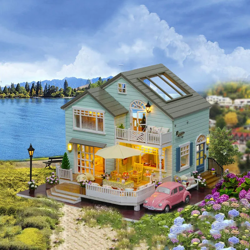 DIY Large Villa Wooden Dollhouse Miniature With Furniture Kit Queenstown Houses - £81.54 GBP+