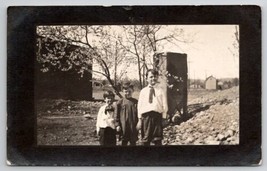 RPPC Three Darling Young Boys Posing Near Rubble Pile Real Photo Postcard T23 - £4.66 GBP